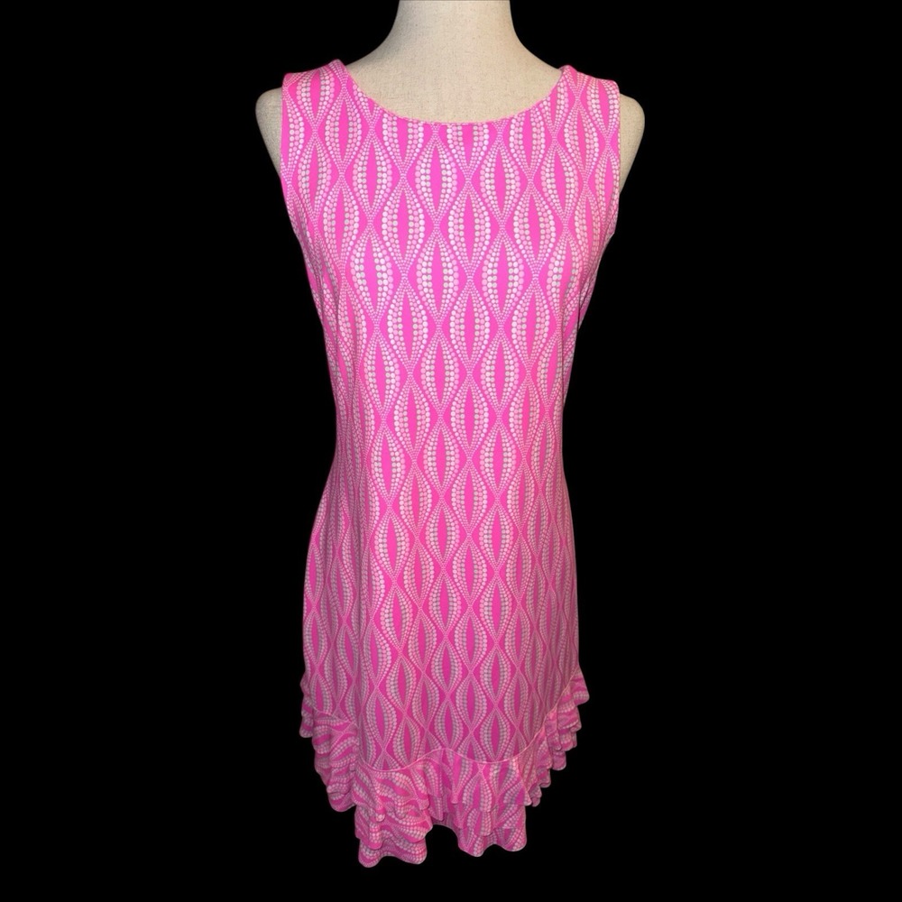 Lulu-B Shift Dress Womens M Pink Diamond Print Sleeveless Hem Ruffles Golf
